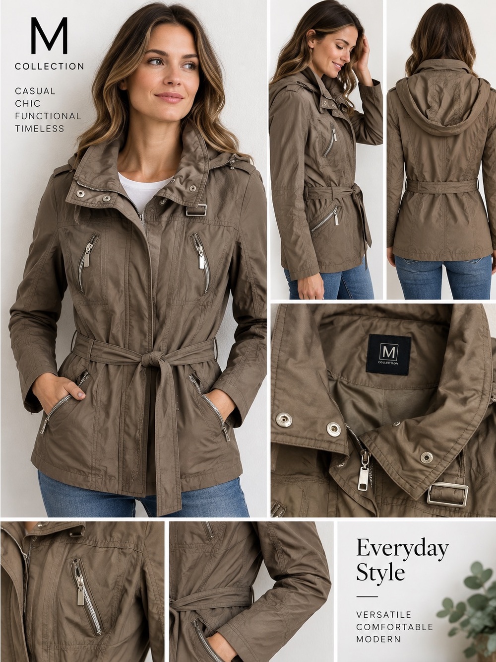 M Collection Women’s Khaki Utility Hooded Jacket Size 10 Belted
A1-12